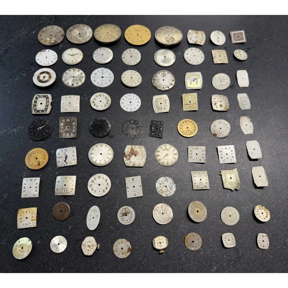 Vtg Watch Dial Lot 72 Pieces Elgin Bulova Longines Gruen Timex Parts Repair Art